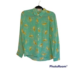Leifsdottir Aqua Blouse with Yellow Feather Print